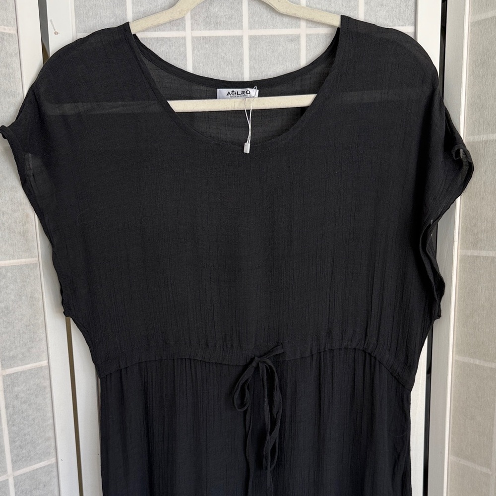 Black Beach Cover Up Dress with Tie Waist